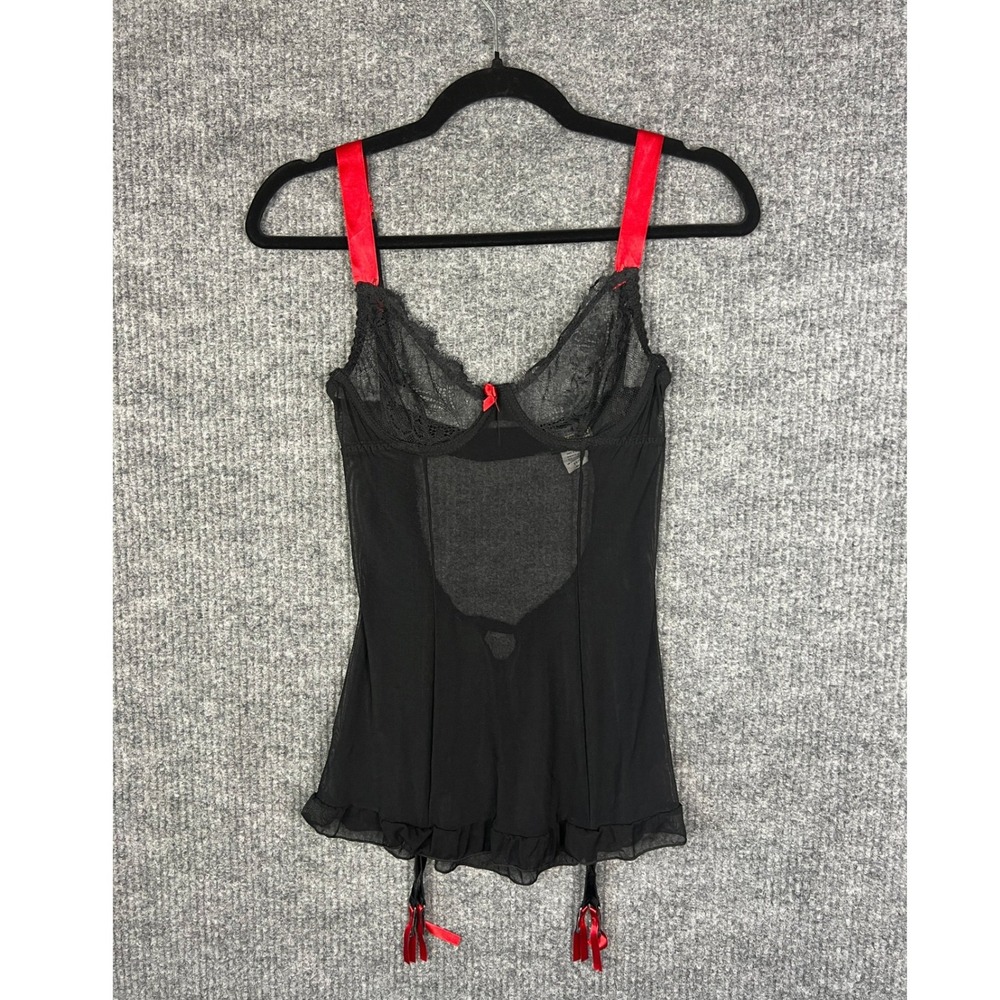 Y2K Frederick's of Hollywood Black Red Lace Garter Babydoll Seduction M Lingerie
